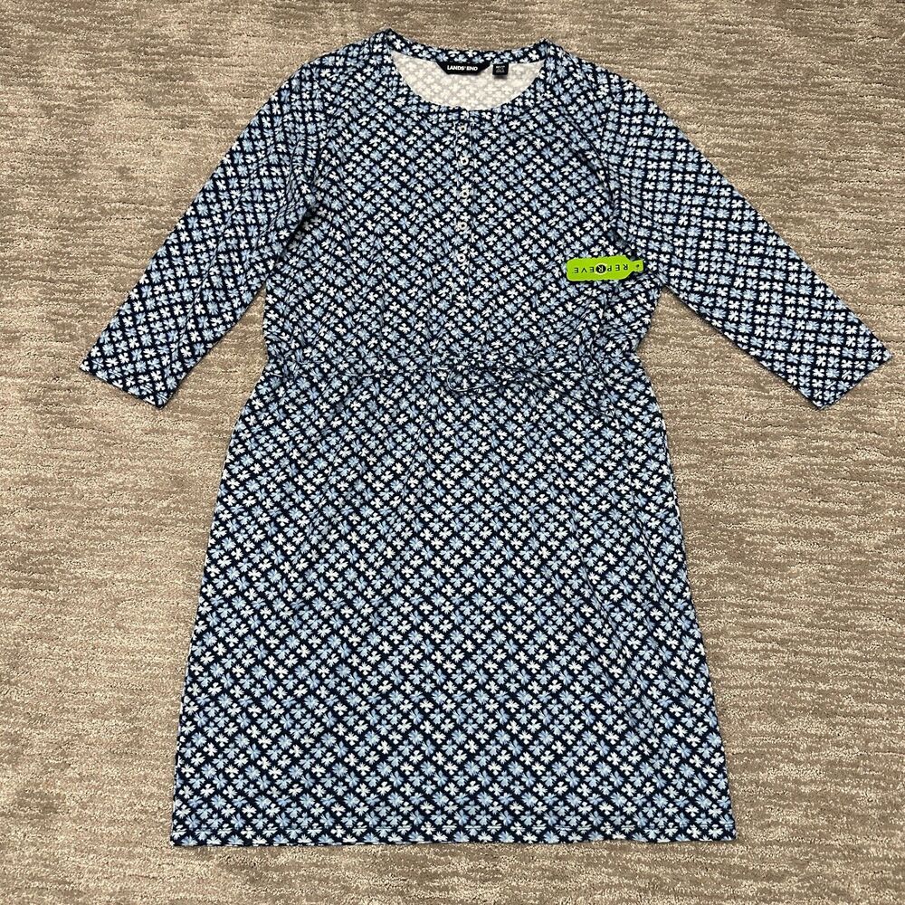 Lands End Dress Womens Medium Petite Blue Floral Pockets Drawstring Waist
